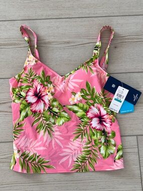 Jantzen Pink Floral Bikini Tankini Top with Green Leaves